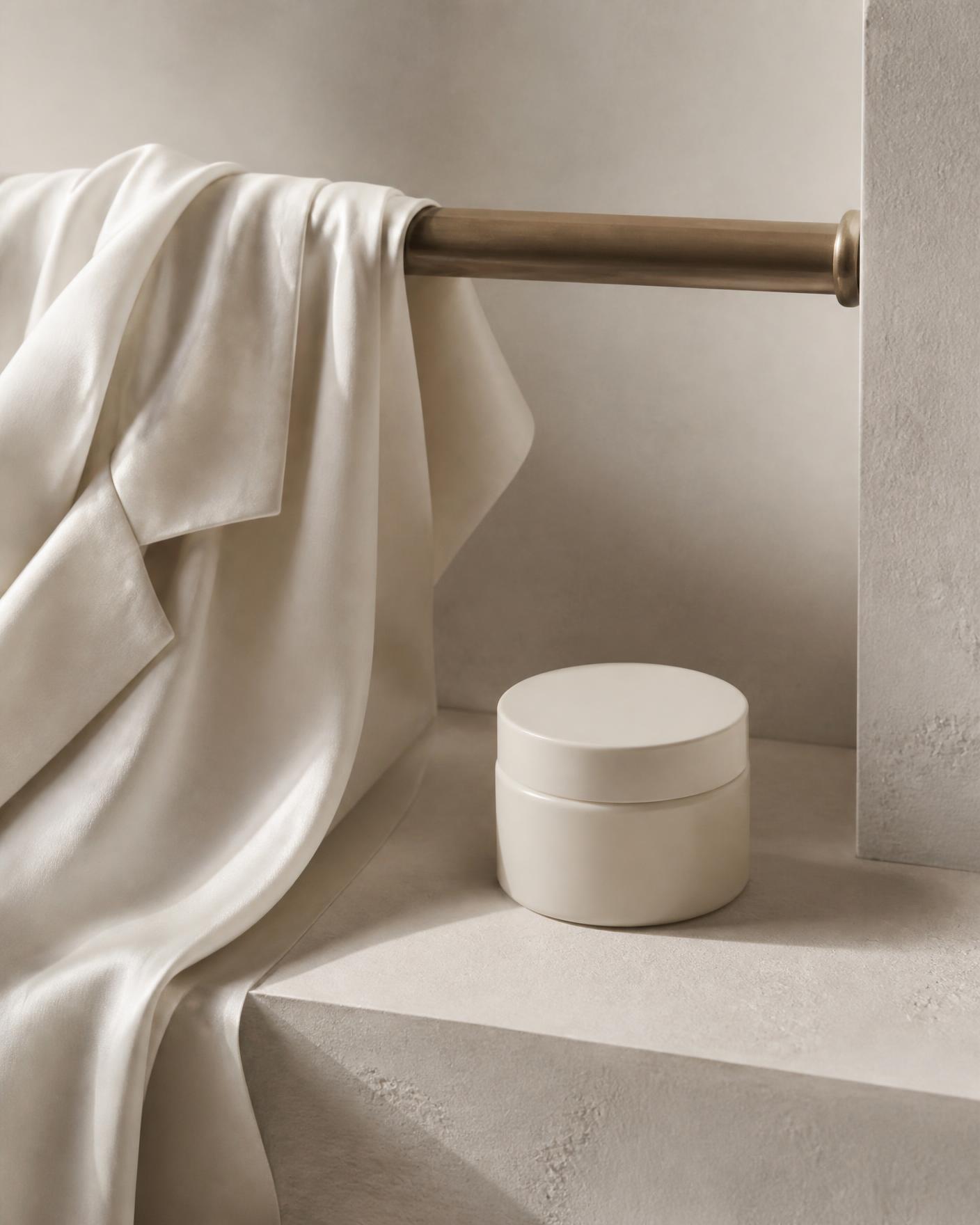 Silk garment and a cosmetics jar in warm daylight